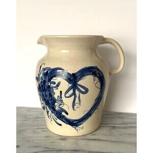 Casey Pottery Stoneware Pitcher w Cobalt Blue Heart Wreath Hand painted Signed